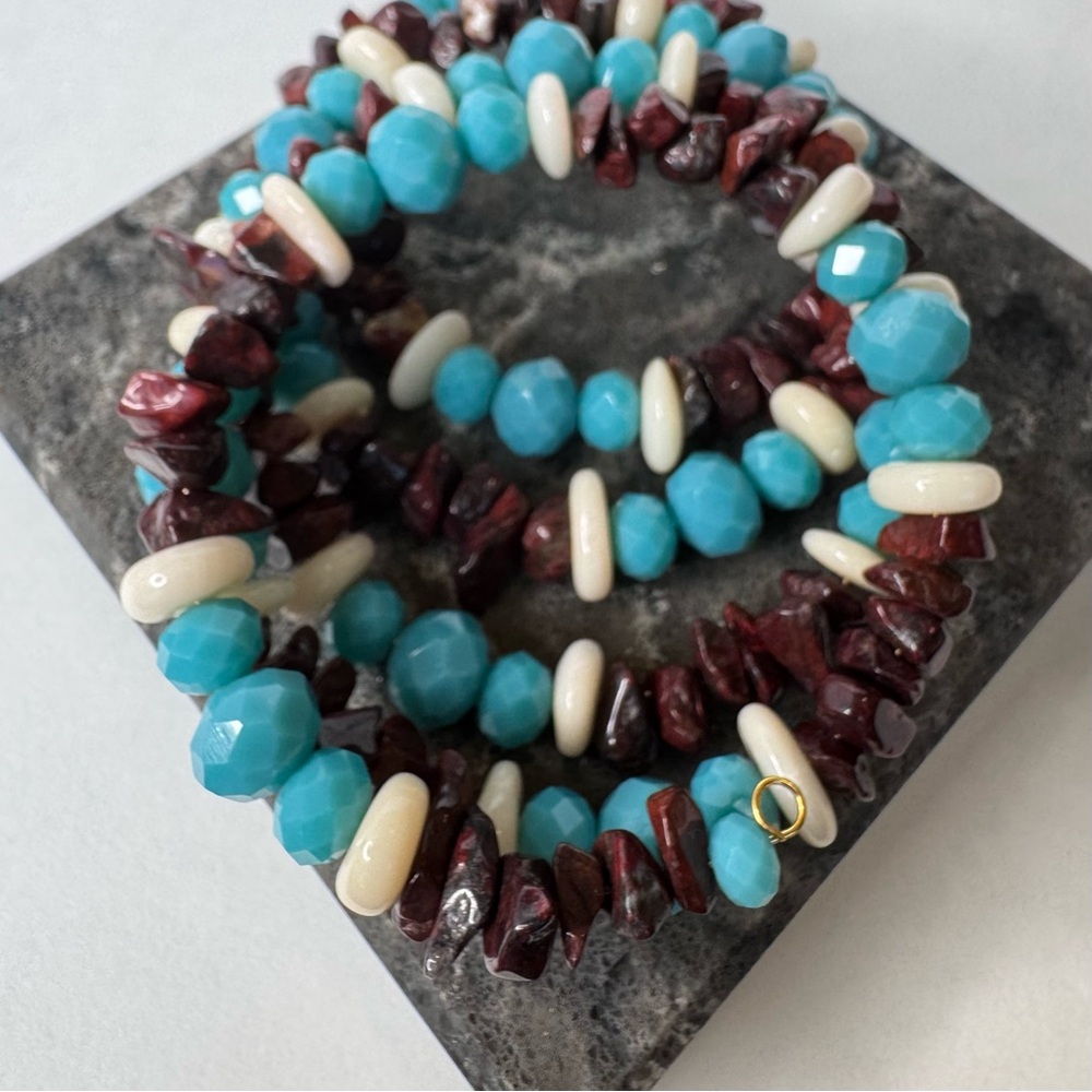 Hand Crafted Turquoise Glass, White Coral & Tiger Eye Gemstone Bracelet NWT - Picture 5 of 7